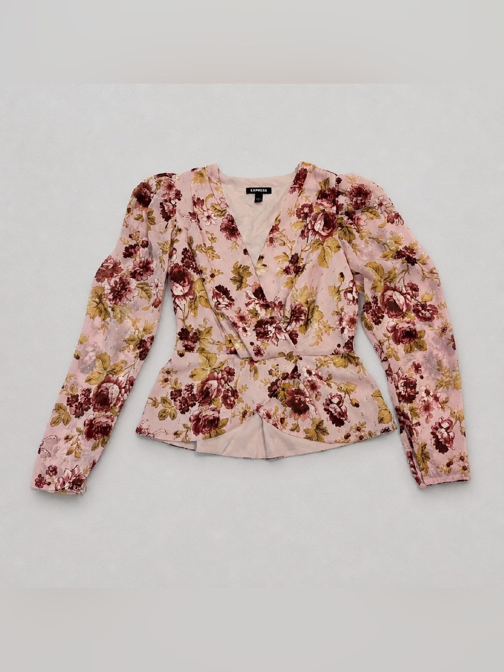 Express Pink Floral Wrap Peplum Blouse
